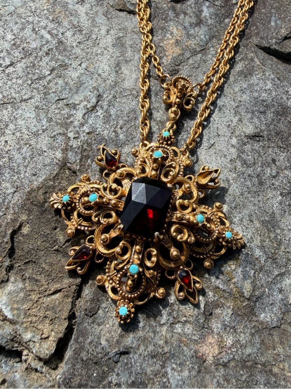 Vintage Florenza Gold Garnet Turquoise Filigree Cross Pendant Necklace